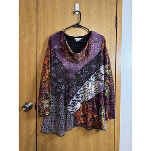 Womens Mix Print Media Patchwork Long Sleeve Cowl Neck Tunic Top Fairycore XL